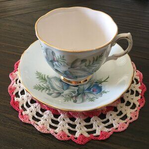 Colclough England Bone China Blue Flowering Fern Teacup Saucer Gold Trim